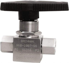 Brennan - 1/4" Pipe, NPT End Connections, Stainless Steel, Inline, Two Way Flow, Instrumentation Ball Valve - 3,000 psi WOG Rating, Nylon Handle, PTFE Seal, PFA Seat, Swaglok SS-43GEF4 - Apex Tool & Supply