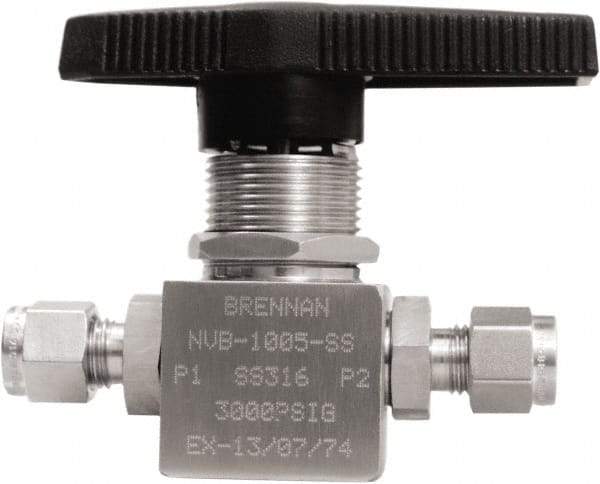 Brennan - 1/4" Pipe, Tube End Connections, Stainless Steel, Inline, Two Way Flow, Instrumentation Ball Valve - 3,000 psi WOG Rating, Nylon Handle, PTFE Seal, PFA Seat, Swaglok SS-42GS4 - Apex Tool & Supply