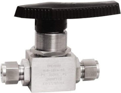 Brennan - 1/2" Pipe, Tube End Connections, Stainless Steel, Inline, Two Way Flow, Instrumentation Ball Valve - 3,000 psi WOG Rating, Nylon Handle, PTFE Seal, PFA Seat, Swaglok SS-45S8 - Apex Tool & Supply
