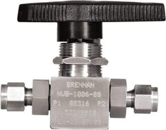 Brennan - 1/4" Pipe, Tube End Connections, Stainless Steel, Inline, Two Way Flow, Instrumentation Ball Valve - 3,000 psi WOG Rating, Nylon Handle, PTFE Seal, PFA Seat, Swaglok SS-43GS4 - Apex Tool & Supply