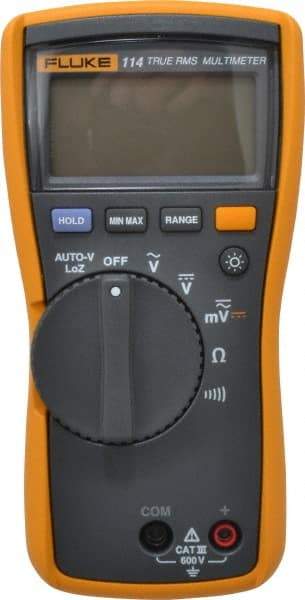 Fluke - 114, CAT III, 600 VAC/VDC, Digital True RMS Auto Ranging Manual Ranging Multimeter - 40 mOhm, Measures Voltage, Capacitance, Current, Resistance - Apex Tool & Supply