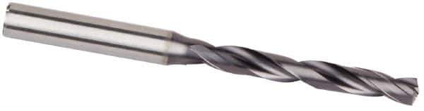Kennametal - #12 Spiral Flute Solid Carbide Screw Machine Drill Bit - Multilayer TiAlN Finish, Right Hand Cut, 28mm Flute Length, 66mm OAL, Standard Point, Straight Shank, Through Coolant - Apex Tool & Supply