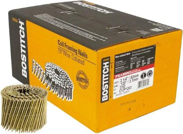Stanley Bostitch - 11 Gauge 0.12" Shank Diam 3-1/4" Long Framing Nails for Power Nailers - Steel, Yellow Zinc Finish, Smooth Shank, Coil Wire Collation, Round Head, Diamond Point - Apex Tool & Supply