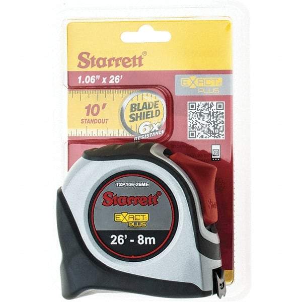 Starrett - 26' x 1-1/16" Yellow Blade Tape Measure - 1/16" & 1mm Graduation, S9 Graduation Style, Gray Case - Apex Tool & Supply
