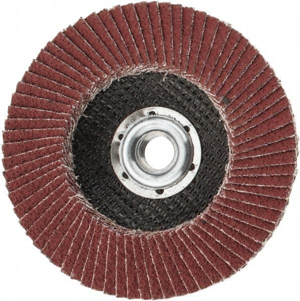 3M - 80 Grit, 4-1/2" Disc Diam, 5/8-11 Center Hole, Type 27 Ceramic Flap Disc - 13,300 Max RPM, Cloth Backing, Arbor Attaching System, Coated - Apex Tool & Supply