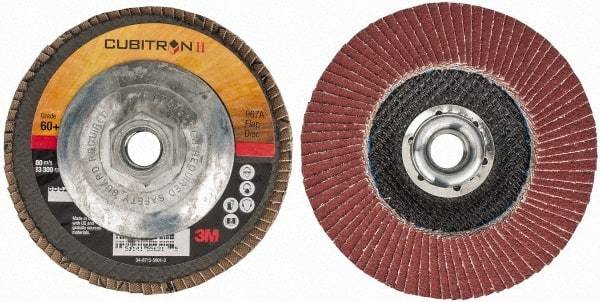 3M - 60 Grit, 4-1/2" Disc Diam, 5/8-11 Center Hole, Type 29 Ceramic Flap Disc - 13,300 Max RPM, Cloth Backing, Arbor Attaching System, Coated - Apex Tool & Supply