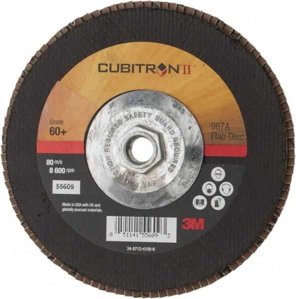 3M - 60 Grit, 7" Disc Diam, 5/8-11 Center Hole, Type 27 Ceramic Flap Disc - 13,300 Max RPM, Cloth Backing, Arbor Attaching System, Coated - Apex Tool & Supply