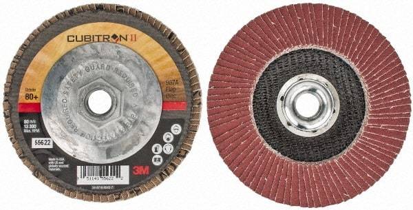 3M - 80 Grit, 4-1/2" Disc Diam, 5/8-11 Center Hole, Type 29 Ceramic Flap Disc - 13,300 Max RPM, Cloth Backing, Arbor Attaching System, Coated - Apex Tool & Supply