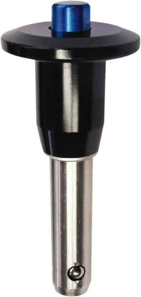 Monroe Engineering Products - 5/8" Diam, 1-1/2" Usable Length, Button Handle, Push Button Quick Release Pin - 3-3/4" OAL, Grade 4140 Steel, Zinc-Plated Finish - Apex Tool & Supply