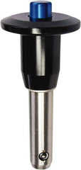 Monroe Engineering Products - 5/8" Diam, 1-1/2" Usable Length, Button Handle, Push Button Quick Release Pin - 3-3/4" OAL, Grade 4140 Steel, Zinc-Plated Finish - Apex Tool & Supply