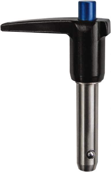 Monroe Engineering Products - 5/8" Diam, 5" Usable Length, L Handle, Push Button Quick Release Pin - 7-1/2" OAL, Grade 4140 Steel, Zinc-Plated Finish - Apex Tool & Supply