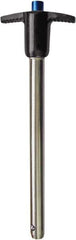 Monroe Engineering Products - 3/4" Diam, 4" Usable Length, T Handle, Push Button Quick Release Pin - 6-5/8" OAL, Grade 4140 Steel, Zinc-Plated Finish - Apex Tool & Supply