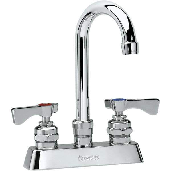 Krowne - Deck Mount, Low Arc Deck Mount Faucet - Two Handle, Color Coded, Blade Handle, Gooseneck Spout and Nozzle, No Drain - Apex Tool & Supply