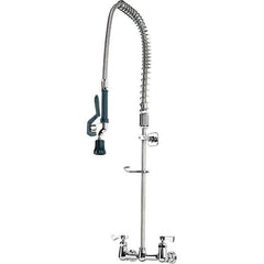 Krowne - Wall Mount, Pre Rinse Faucet with Spray - Two Handle, Color Coded, Blade Handle, Gooseneck Spout with Hose, No Drain - Apex Tool & Supply