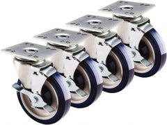 Krowne - 5" Diam x 1" Wide x 6" OAH Top Plate Mount Swivel Caster with Brake - Polyethylene, 200 Lb Capacity, 4 x 4" Plate - Apex Tool & Supply