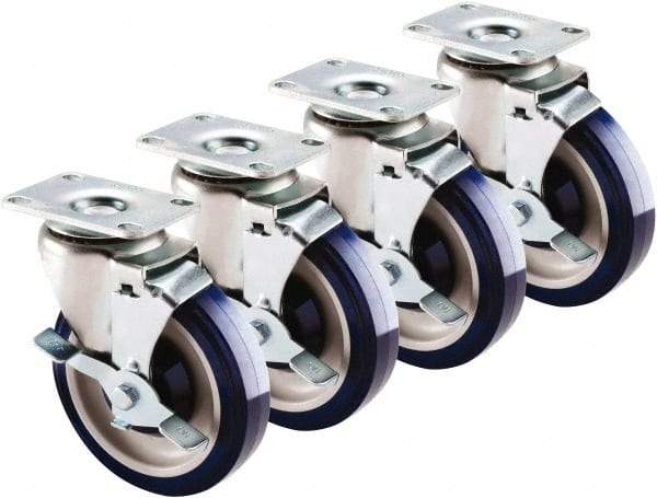 Krowne - 5" Diam x 1" Wide x 6" OAH Top Plate Mount Swivel Caster with Brake - Polyethylene, 200 Lb Capacity, 2-3/8 x 3-5/8" Plate - Apex Tool & Supply