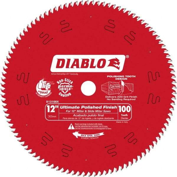 Freud - 12" Diam, 1" Arbor Hole Diam, 100 Tooth Wet & Dry Cut Saw Blade - Carbide-Tipped, Fine Finishing Action, Standard Round Arbor - Apex Tool & Supply