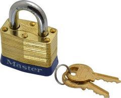 Master Lock - 3/4" Shackle Clearance, Keyed Alike Laminated Brass Padlock - 9/32" Shackle Diam, Brass - Apex Tool & Supply