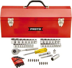 Proto - 65 Piece 1/4 & 3/8" Drive Standard Socket Set - 6 & 12 Points, 1/4 to 5/8", 4 to 17mm, Inch/Metric Measurement Standard - Apex Tool & Supply