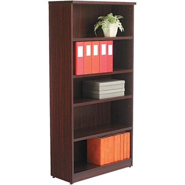 ALERA - 5 Shelf, 65" High x 31-3/4" Wide Bookcase - 14" Deep, Woodgrain Laminate, Mahogany - Apex Tool & Supply