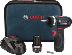 Bosch - 12 Volts, Lithium-Ion Battery, 1/4 Inch Keyless Chuck, Pistol Grip Cordless Drill - 600 RPM, 265 Inch/Lbs. Torque, 2 Speed, Reversible, Includes (2) Lithium-Ion 12V Max Batteries, 30 Minute Charger, Carrying Case - Apex Tool & Supply