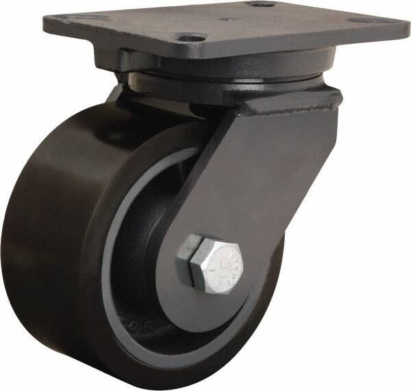 Hamilton - 6" Diam x 3" Wide x 8" OAH Top Plate Mount Swivel Caster - Polyurethane Mold onto Cast Iron Center, 2,860 Lb Capacity, Sealed Precision Ball Bearing, 5-1/4 x 7-1/4" Plate - Apex Tool & Supply