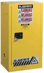 Justrite - 1 Door, 1 Shelf, Yellow Steel Space Saver Safety Cabinet for Flammable and Combustible Liquids - 44" High x 23-1/4" Wide x 18" Deep, Self Closing Door, 15 Gal Capacity - Apex Tool & Supply