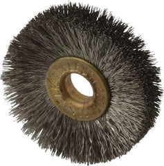 Osborn - 1-1/4" OD, 1/4" Arbor Hole, Crimped Stainless Steel Wheel Brush - 3/16" Face Width, 21/64" Trim Length, 0.005" Filament Diam, 20,000 RPM - Apex Tool & Supply