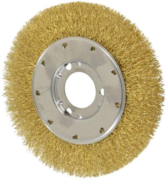 Osborn - 6" OD, 1-1/4" Arbor Hole, Crimped Brass Wheel Brush - 5/8" Face Width, 1-1/8" Trim Length, 0.014" Filament Diam, 6,000 RPM - Apex Tool & Supply