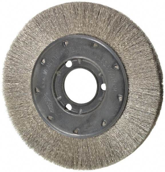 Osborn - 6" OD, 1-1/4" Arbor Hole, Crimped Stainless Steel Wheel Brush - 5/8" Face Width, 1-1/8" Trim Length, 0.005" Filament Diam, 6,000 RPM - Apex Tool & Supply