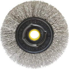 Osborn - 4" OD, 1/2 & 5/8" Arbor Hole, Crimped Stainless Steel Wheel Brush - 3/8" Face Width, 13/16" Trim Length, 0.0104" Filament Diam, 6,000 RPM - Apex Tool & Supply