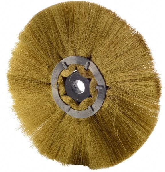 Osborn - 6" OD, 1/2" Arbor Hole, Crimped Brass Wheel Brush - 1/2" Face Width, 1-7/8" Trim Length, 0.005" Filament Diam, 4,000 RPM - Apex Tool & Supply