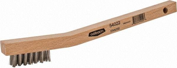 Osborn - 3 Rows x 7 Columns Stainless Steel Scratch Brush - 1-7/16" Brush Length, 7-3/4" OAL, 7/16" Trim Length, Wood Curved Handle - Apex Tool & Supply