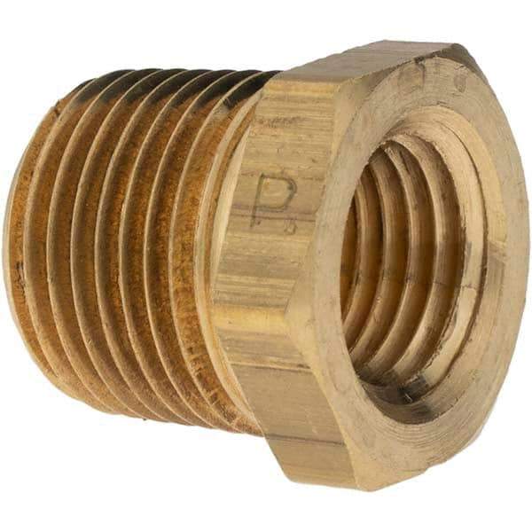 Parker - 3/8 Male Thread x 1/4 Female Thread, Brass Industrial Pipe Hex Bushing - MNPTF x FNPTF, 1,000 psi - Apex Tool & Supply