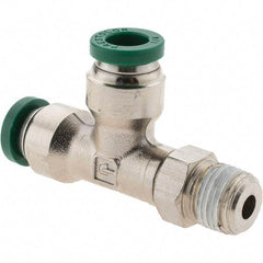Parker - 1/4" Outside Diam, 1/8 NPTF, Nickel Plated Brass Push-to-Connect Tube Male Swivel Run Tee - 300 Max psi, Tube to Male NPT Connection, Nitrile O-Ring - Apex Tool & Supply