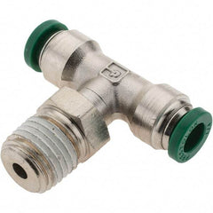 Parker - 1/4" Outside Diam, 1/4 NPTF, Nickel Plated Brass Push-to-Connect Tube Male Swivel Branch Tee - 300 Max psi, Tube to Male NPT Connection, Nitrile O-Ring - Apex Tool & Supply