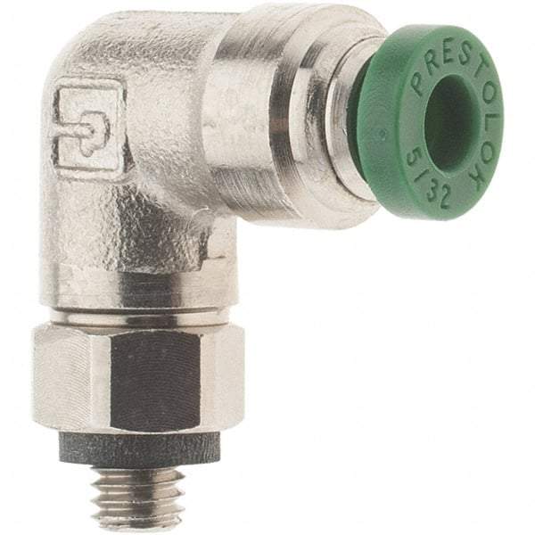 Parker - 5/32" Outside Diam, 10-32 UNF, Nickel Plated Brass Push-to-Connect Tube Male Swivel Elbow - 300 Max psi, Tube to Male UNF Connection, Nitrile O-Ring - Apex Tool & Supply
