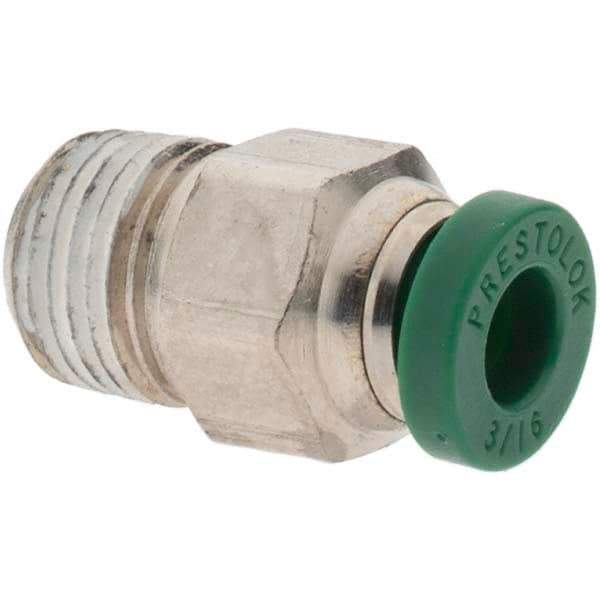 Parker - 3/16" Outside Diam, 1/8 NPTF, Nickel Plated Brass Push-to-Connect Tube Male Connector - 300 Max psi, Tube to Male NPT Connection, Nitrile O-Ring - Apex Tool & Supply