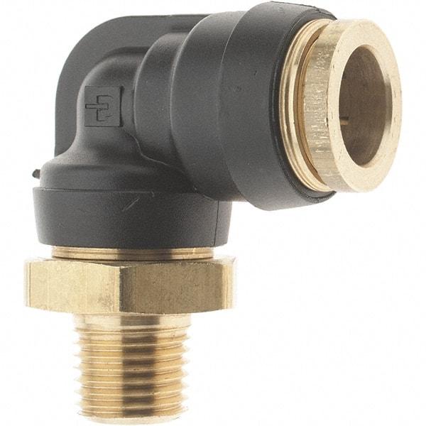Parker - 1/2" Outside Diam, 1/4 Thread, Brass Push-to-Connect Tube Male Elbow - 250 Max psi, Tube to Male NPT Connection - Apex Tool & Supply