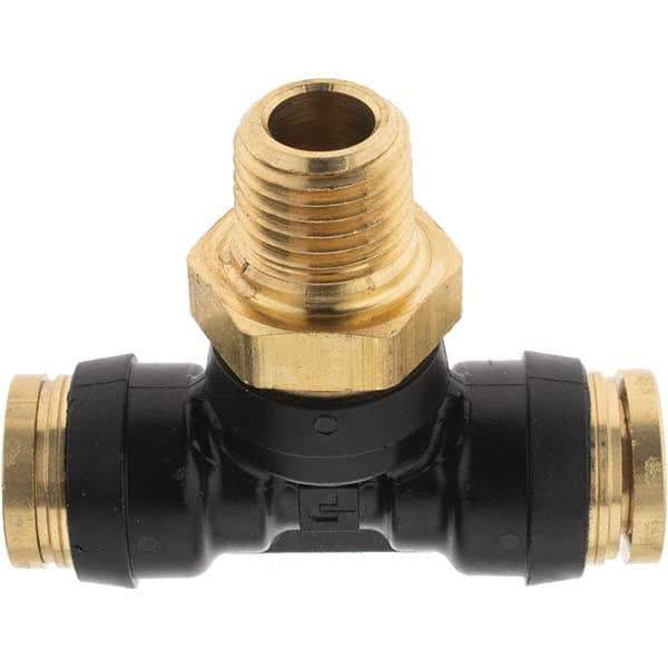 Parker - 3/8" Outside Diam, 1/4 Thread, Brass Push-to-Connect Tube Male Branch Tee - 250 Max psi, Tube to Male NPT Connection - Apex Tool & Supply
