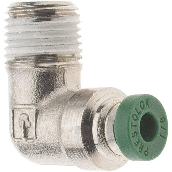 Parker - 1/8" Outside Diam, 1/8 NPTF, Nickel Plated Brass Push-to-Connect Tube Male Elbow - 300 Max psi, Tube to Male NPT Connection, Nitrile O-Ring - Apex Tool & Supply