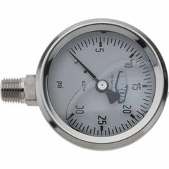 Value Collection - 2-1/2" Dial, 1/4 Thread, 0-30 Scale Range, Pressure Gauge - Lower Connection Mount, Accurate to 2-1-2% of Scale - Apex Tool & Supply