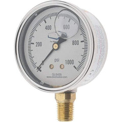 Value Collection - 2-1/2" Dial, 1/4 Thread, 0-1,000 Scale Range, Pressure Gauge - Lower Connection Mount, Accurate to 2-1-2% of Scale - Apex Tool & Supply