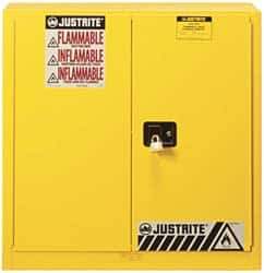 Justrite - 2 Door, 3 Shelf, Yellow Steel Standard Safety Cabinet for Flammable and Combustible Liquids - 44" High x 43" Wide x 18" Deep, Manual Closing Door, 3 Point Key Lock, 40 Gal Capacity - Apex Tool & Supply