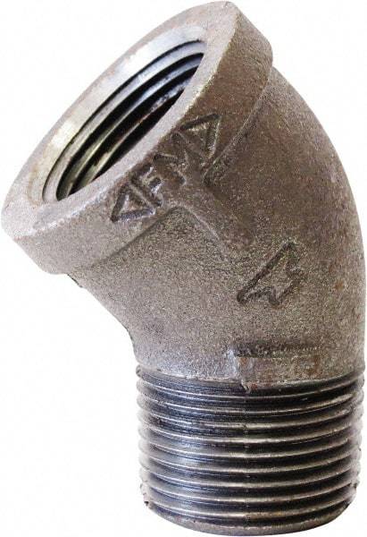Made in USA - Size 1-1/2", Class 150, Malleable Iron Black Pipe 45° Street Elbow - 300 psi, Threaded (NPT) End Connection - Apex Tool & Supply