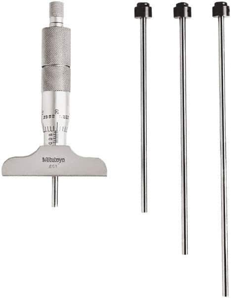 Mitutoyo - 0 to 4" Range, 4 Rod, Mechanical Depth Micrometer - Ratchet Stop Thimble, 2-1/2" Base Length, 0.01mm Graduation, 4.5mm Rod Diam - Apex Tool & Supply