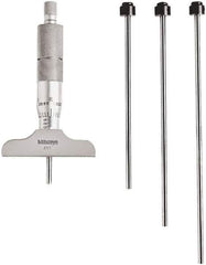 Mitutoyo - 0 to 4" Range, 4 Rod, Mechanical Depth Micrometer - Ratchet Stop Thimble, 2-1/2" Base Length, 0.01mm Graduation, 4.5mm Rod Diam - Apex Tool & Supply