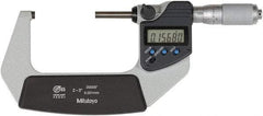 Mitutoyo - 2 to 3 Inch Range, 0 Inch Resolution, Standard Throat, IP65 Electronic Outside Micrometer - 0.0001 Inch Accuracy, Ratchet Friction Thimble, Rotating Spindle, SR44 Battery, Includes NIST Traceability Certification - Apex Tool & Supply
