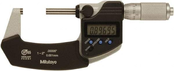Mitutoyo - 1 to 2 Inch Range, 0 Inch Resolution, Standard Throat, IP65 Electronic Outside Micrometer - 0.0001 Inch Accuracy, Ratchet Friction Thimble, Rotating Spindle, SR44 Battery, Includes NIST Traceability Certification - Apex Tool & Supply