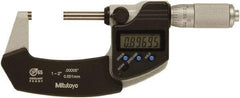 Mitutoyo - 1 to 2 Inch Range, 0 Inch Resolution, Standard Throat, IP65 Electronic Outside Micrometer - 0.0001 Inch Accuracy, Ratchet Friction Thimble, Rotating Spindle, SR44 Battery, Includes NIST Traceability Certification - Apex Tool & Supply